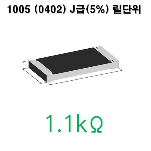 1005J-1.1kΩ (1Reel) 칩저항 / 사이즈 : 1005(0402) / 저항값 : 1.1k옴 / 오차범위 : J급(5%) / 100개단위판매