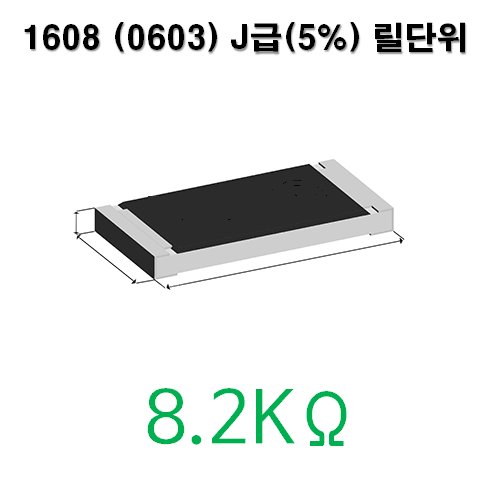 1608J- 8.2KΩ (1Reel) 칩저항 / 사이즈: 1608(0603) / 저항값 : 8.2K옴 / 오차범위 : J급(5%) / 100개단위판매 / 1 Reel : 5000PCS