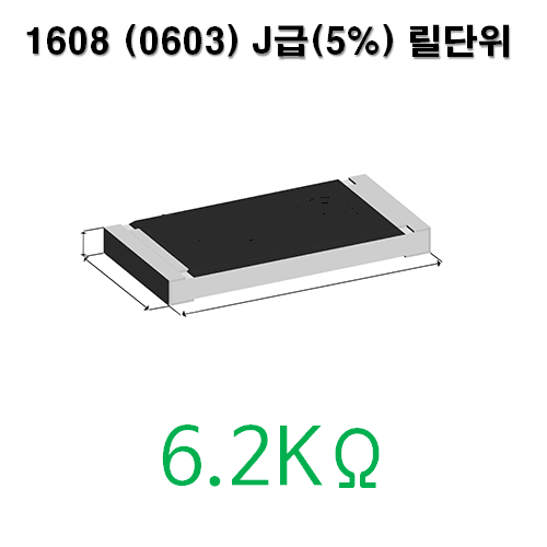 1608J- 6.2KΩ (1Reel) 칩저항 / 사이즈: 1608(0603) / 저항값 : 6.2K옴 / 오차범위 : J급(5%) / 100개단위판매 / 1 Reel : 5000PCS