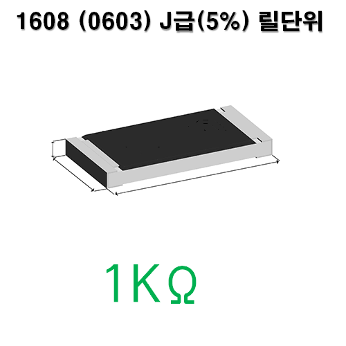 1608J- 1KΩ (1Reel) 칩저항 / 사이즈: 1608(0603) / 저항값 : 1K옴 / 오차범위 : J급(5%) / 100개단위판매 / 1 Reel : 5000PCS